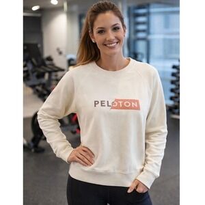 Peloton Crewneck Sweatshirt Size XL Cream Logo Graphic Raglan Sleeve Casual‎